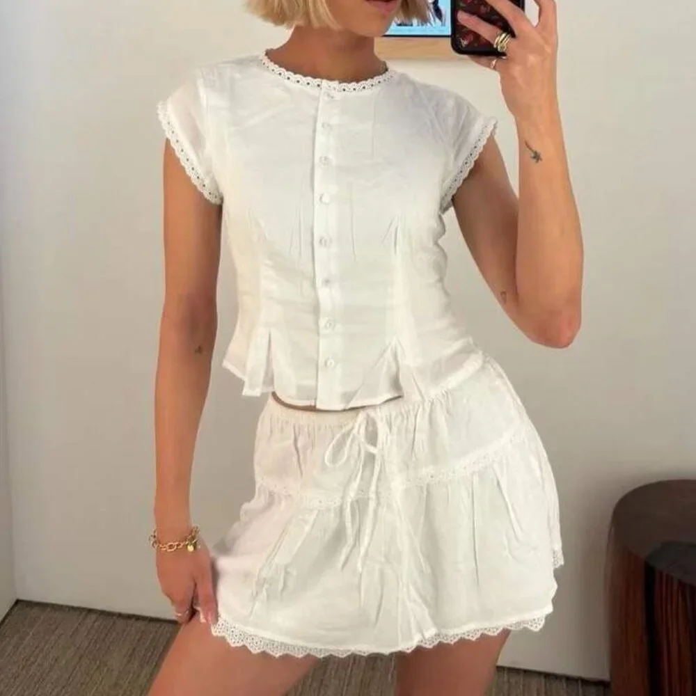 BEST NEW Reformation Valetta Two Piece Sz6 White Cotton Lace Detail Vacation_3